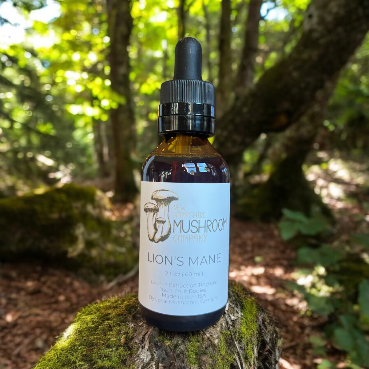 Bottle of Lion’s Mane Mushroom Tincture by NH Mushroom Company, featuring 100% fruiting body extract for focus, memory, and nervous system support.