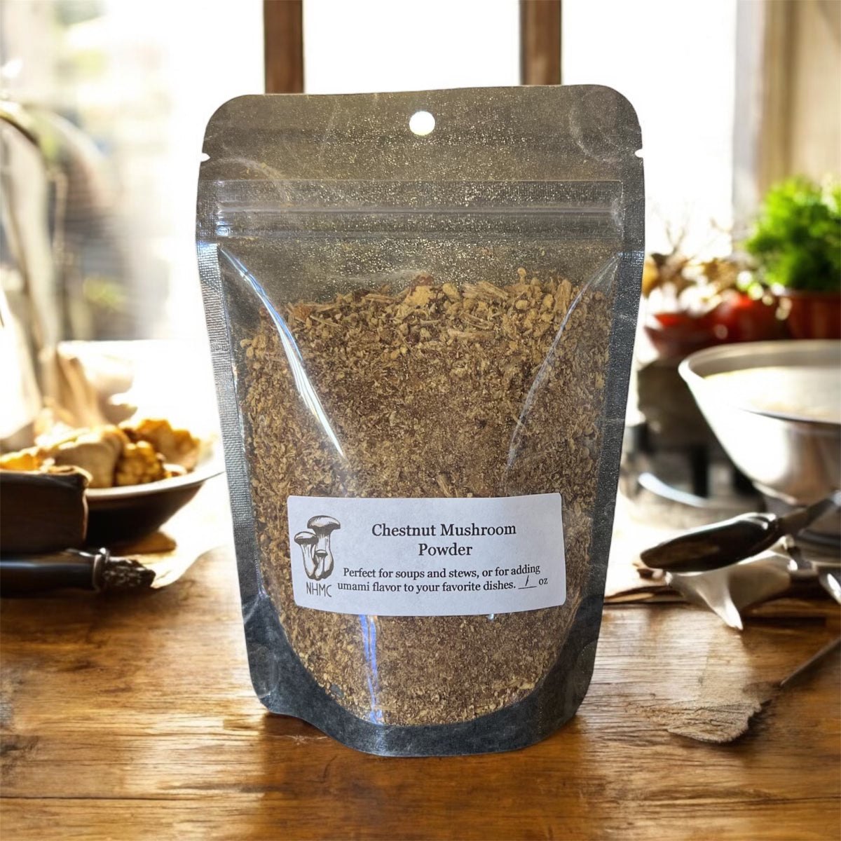 dried chestnut mushroom powder in a 1 oz bag