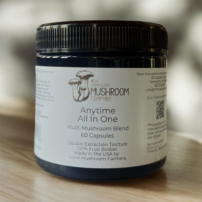 All in One Anytime Mushroom Capsules – 7-mushroom blend for immune support, energy, and focus, made from 100% fruiting body mushrooms.
