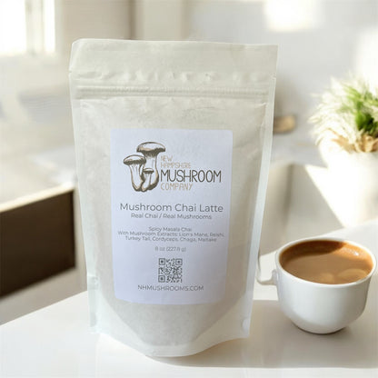 Mushroom Chai Latte by NH Mushroom Company – creamy chai blend with powdered dairy, cane sugar, and six functional mushrooms for immune and focus support.